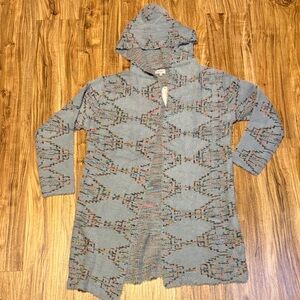 Oceanus women’s large cardigan sweater knit tribal Aztec hooded blue grey nwt